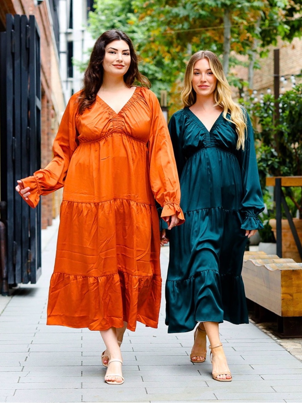 NEW Haptics Maia Long Sleeved Forest Green Satin Tiered Maxi Dress